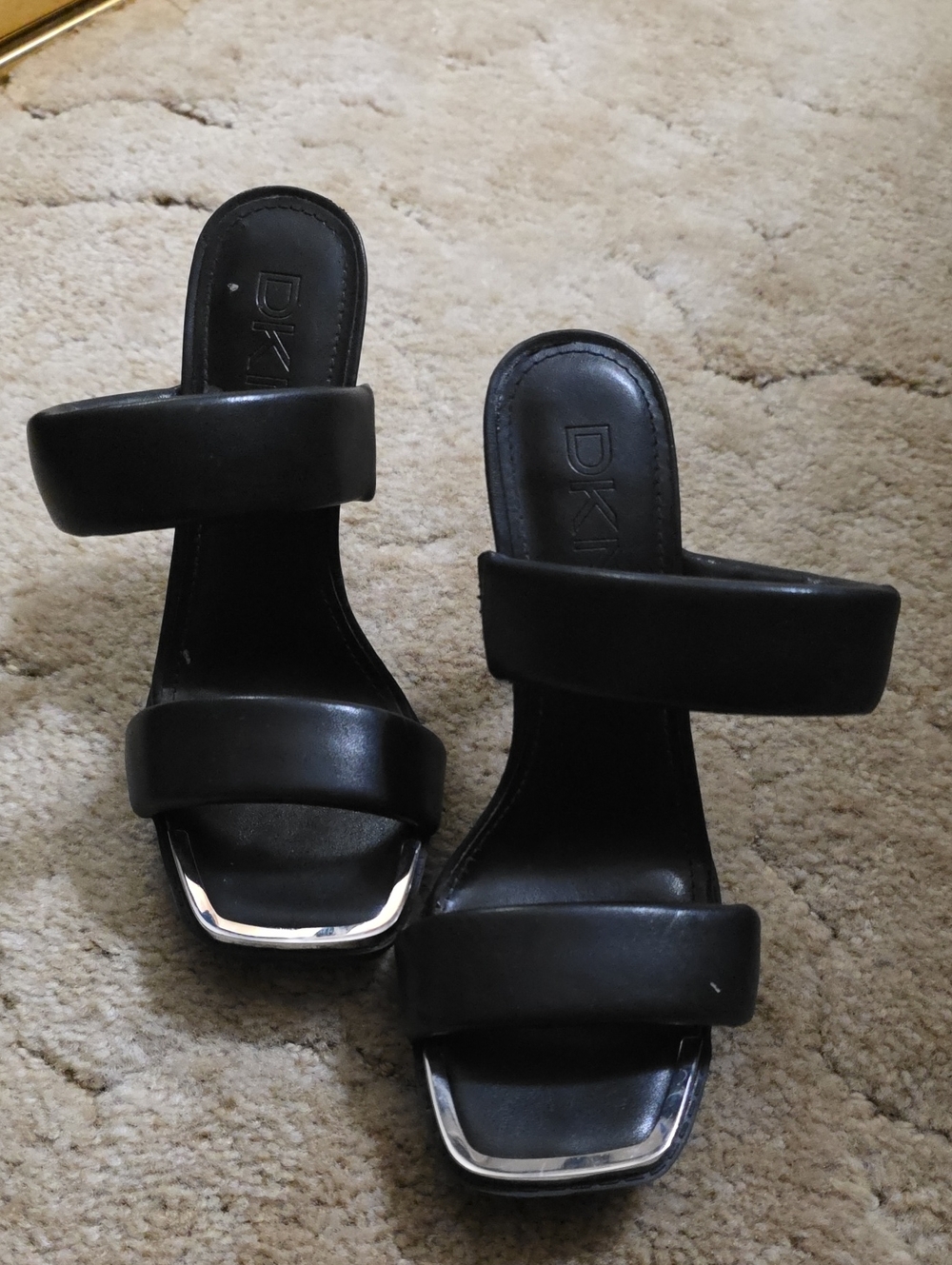 DKNY Black Double-Strap Square-Toe Mules with Silver Trim